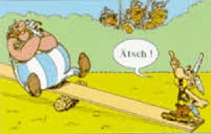 Cartoon mit Asterix und Obelik auf einer Wippe